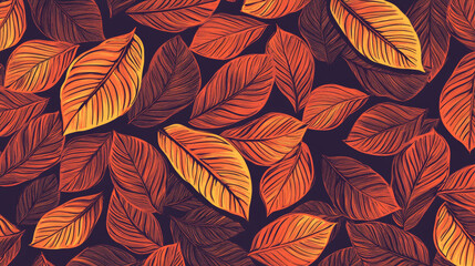 Fototapeta premium A repeating pattern of dark orange leaves, perfect for fabrics, wallpapers, or any design project. The leaves have a hand-drawn, doodle-like style, creating a colorful and abstract look.