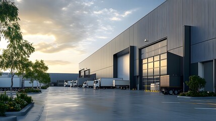 Fototapeta premium Semi-Trucks Parked Outside a Modern Warehouse at Sunset