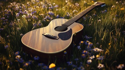 serene image of an acoustic guitar lying on a grassy field with wildflowers around it.