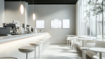 sleek, modern coffee shop with a focus on technology.