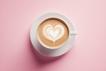 coffee cup with heart shape latte art on light pink wooden background with copy space text