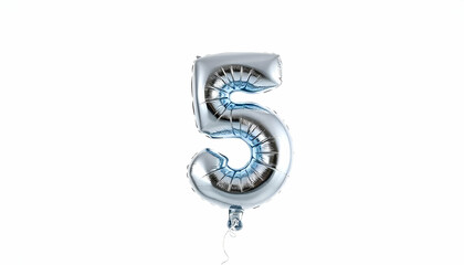 A large silver number 5 balloon, white background