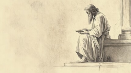 Fototapeta premium Inspirational Biblical Illustration: Samuel Serving Faithfully in the Temple, Beige Background, Faith, Diligence, Old Testament Story