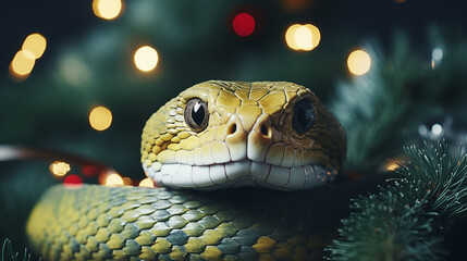 Fototapeta premium Green snake against a bright yellow background, creating a festive holiday mood.