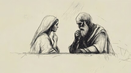 Inspirational Biblical Illustration: Eli Mistakes Hannah's Prayer for Drunkenness, Observing Her in the Temple, Beige Background, Faith, Misunderstanding, Old Testament Story