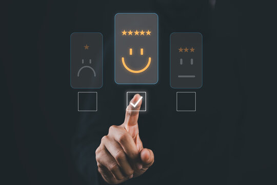Customer review satisfaction feedback survey concept. User give rating to service experience on online application. Client evaluating the quality of service leading to reputation ranking of business.
