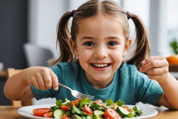 girl eats vegetable salad using fork