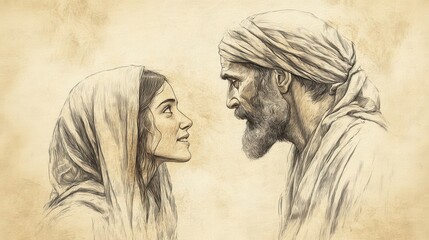 Fototapeta premium Inspirational Biblical Illustration: Naomi's Gratitude to God for Boaz, Beige Background, Faith, Thanksgiving, Ruth and Boaz Story