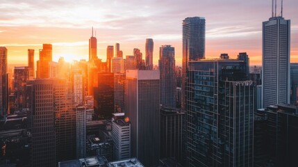 Fototapeta premium A spectacular aerial view of a city skyline at sunrise, with buildings reflecting the warm morning light.