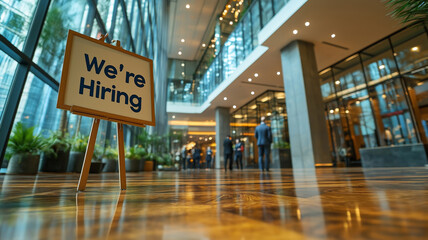 A spacious corporate lobby featuring a "We're Hiring" sign in a sleek, modern environment. The expansive space is illuminated by natural light, providing a professional and welcoming atmosphere.
