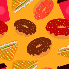 Modern bright vector pattern with sandwiches and donuts on orange background for menu, design, sale, banner