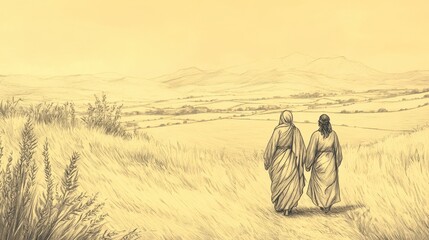 Biblical Illustration: Naomi and Ruth traveling through the countryside, with scenic fields and mountains in the backdrop, illustrated on a beige background