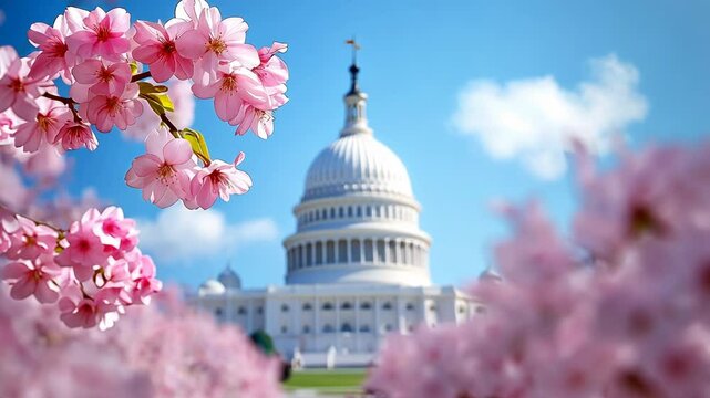US Capitol building framed by cherry blossoms, iconic Washington DC landmark during spring bloom, politics and nature in harmony with pink flowers and blue sky