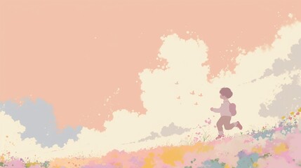 A Child's Journey Through a Colorful Meadow Under a Dreamy Sky
