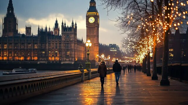 London's Westminster Bridge at dusk with Big Ben and Parliament illuminated, holiday lights reflecting on wet pavement, pedestrians strolling along iconic Thames River view
