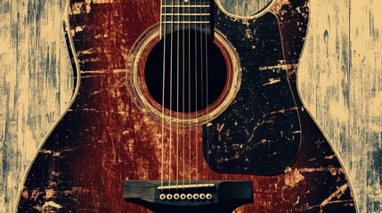 vintage-style poster featuring an acoustic guitar as the central element.