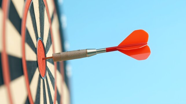 A close-up of a dart hitting the bullseye on a dartboard, symbolizing accuracy and precision in aiming. Perfect for themes of success, goals, or achievement.