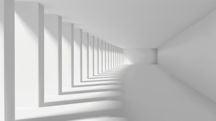 Naklejka premium A minimalist corridor with white walls and shadows, creating a sense of depth and perspective.