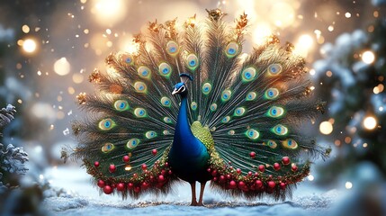 Obraz premium Majestic peacock displaying vibrant feathers in a magical winter wonderland under enchanting lights.