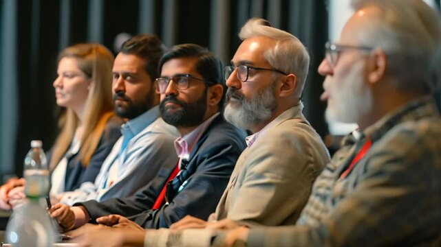 A panel of experts discussing business and innovation at a conference, A panel of experts sharing insights and knowledge at a conference