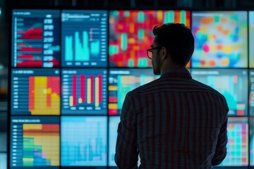 Fototapeta premium Man analyzing data on multiple digital screens displaying charts and graphs. Business intelligence and data analysis concept.