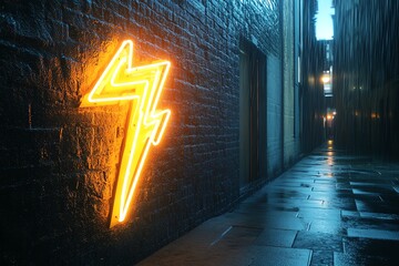 Moody urban alleyway with illuminated neon lightning bolt on brick wall, reflective wet pavement creating atmospheric night scene.