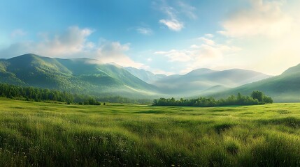 Fototapeta premium Serene Mountain Meadow at Sunrise