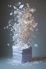 Sheets of paper flowing gracefully into the air from a tall stack, scattered by a sudden gust of wind.