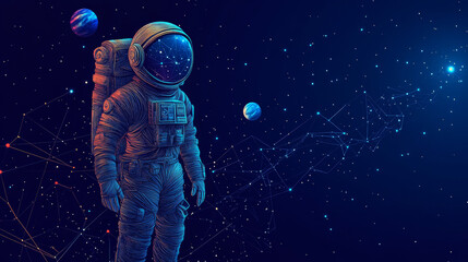 Obraz premium A simple, artistic picture of an astronaut made from dots,lines,and shapes that look like planets,stars,and the whole universe.It's a design concept using lines and points.low poly vector illustration