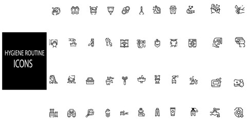 Hygiene icon set 44 icons. Containing cleaning, disinfection, soap, bathing, sweep, shower, washing hands, clean and sanitation icons. Cleanliness concept. vector illustration.
