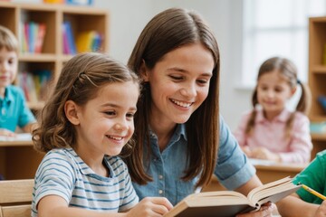 kindergarten, teacher and reading a story to children in montessori school, classroom and learning