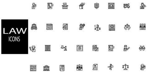 Law icon collection. Containing law, constitution, auction, balance, gavel, testimony, email, judge, hammer, justice, law book, regulation, laws, laurel wreath. Vector illustration.