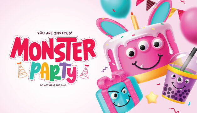 Monster party greeting card vector banner design. Birthday halloween invitation card with bunny cake, gift box and juice characters for costume party banner. Vector illustration kids celebration 