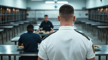 Fototapeta premium Guards overseeing prisoners eating in a cafeteria, stark contrast between the uniforms, steel tables, institutional feel, tension in the air prison cafeteria, authority