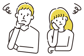 定番　伝わる 人物イラスト　悩んで上を向く若い男女