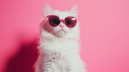 Close portrait of white furry cat in fashion sunglasses. Studio photo. Luxurious domestic kitty in glasses poses on pink background wall