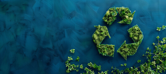 Green plants and leaves form the shape of an eco-friendly recycling symbol on a blue background 