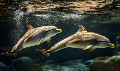 Fototapeta premium Dancing with Dolphins: A Snapshot of Underwater Joy