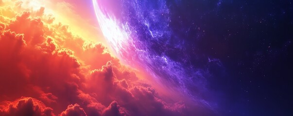 Obraz premium Stunning astrophotography of a colorful cosmic scene with a planet, vibrant clouds, and a vivid starry sky. Perfect for space enthusiasts.