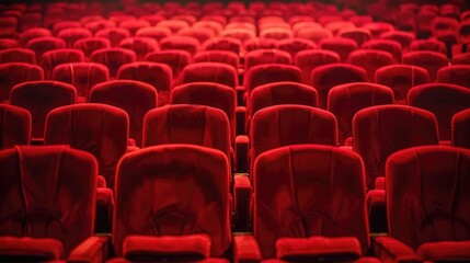 Fototapeta premium Symmetrical view of empty red theater seats in an indoor stage, focusing on audience and performance.