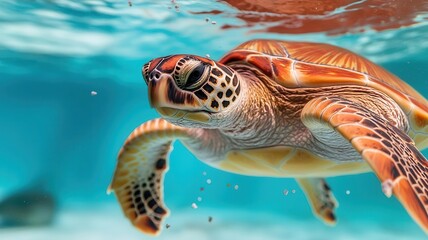 Fototapeta premium Sea turtle swimming through microplastic particles suspended in water, Microplastics, marine pollution, wildlife impact