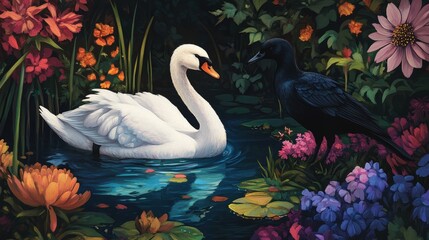 Fototapeta premium visual of the crow and the swan in a lush garden.