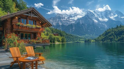 Fototapeta premium Wooden chalet overlooking a pristine lake with majestic mountain views