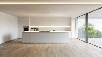 Modern minimalist kitchen with wooden floor and island. Bright and spacious kitchen interior. Clean and modern kitchen design.