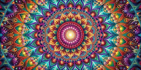 Vibrant mandala patterns with jewel tones radiating from a central point