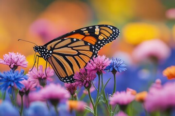 Fototapeta premium Monarch butterfly perched on a purple flower gathering nectar