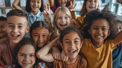 Fototapeta premium Happy and diverse students posing in a classroom. Back-to-school season concept with happy students. Education and learning concept.