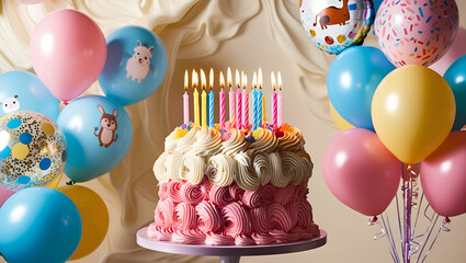 Birthday decoration. Colorful candy, sweets and balloons ai generative..