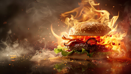 Delicious spicy fried chicken burger ads with burning fire on dark background.