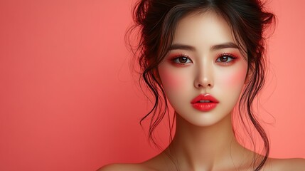 Fototapeta premium 빨간 립스틱과 메이크업을 한 아름다운 아시아 여성의 초상 사진